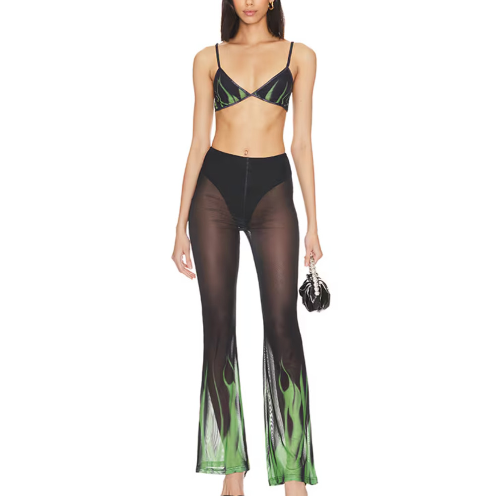 Superdown Black Flare Pant Set SMALL Crop Top Flames Coachella Festival $88 NEW